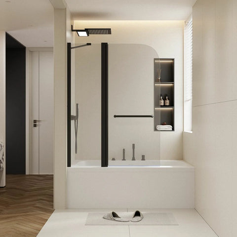 43 Zoll B x 58 Zoll H. Duschtüren für Badewanne, zum Heben und Senken, 6 mm dickes SGCC-Hartglas, Aluminiumlegierung, mattschwarzes Finish