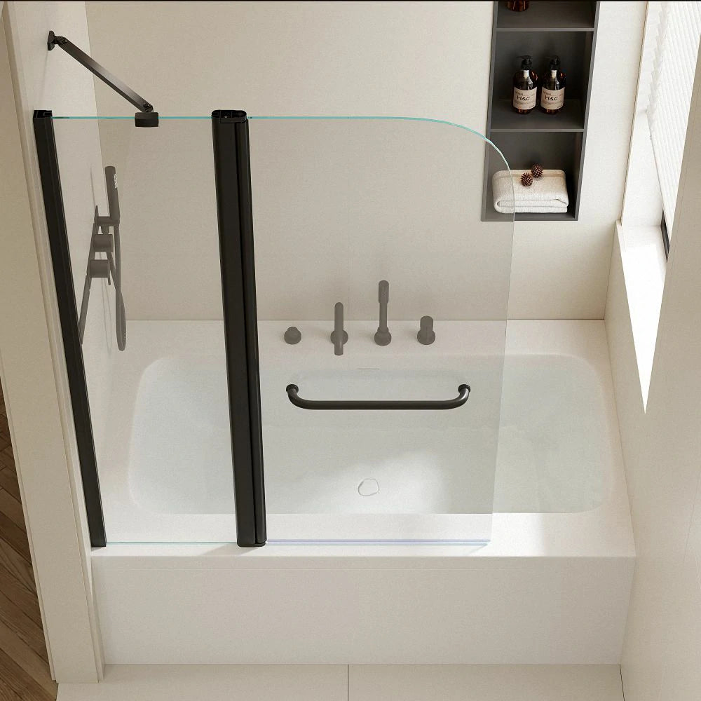 43 Zoll B x 58 Zoll H. Duschtüren für Badewanne, zum Heben und Senken, 6 mm dickes SGCC-Hartglas, Aluminiumlegierung, mattschwarzes Finish