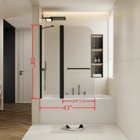 43 Zoll B x 58 Zoll H. Duschtüren für Badewanne, zum Heben und Senken, 6 mm dickes SGCC-Hartglas, Aluminiumlegierung, mattschwarzes Finish