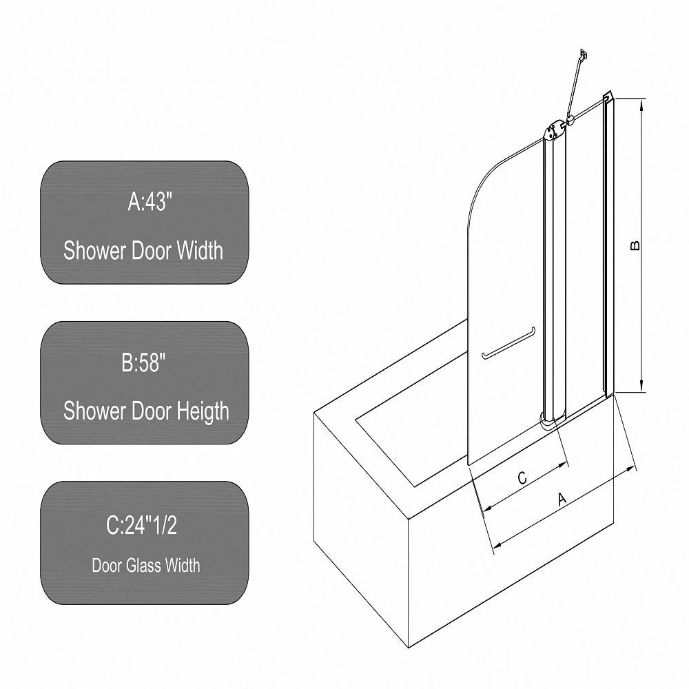 43 Zoll B x 58 Zoll H. Duschtüren für Badewanne, zum Heben und Senken, 6 mm dickes SGCC-Hartglas, Aluminiumlegierung, mattschwarzes Finish