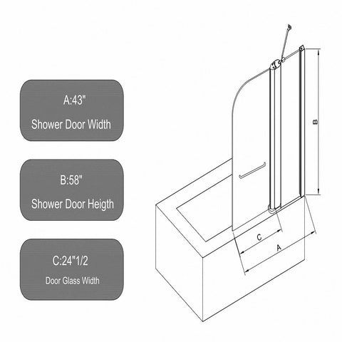 43 Zoll B x 58 Zoll H. Duschtüren für Badewanne, zum Heben und Senken, 6 mm dickes SGCC-Hartglas, Aluminiumlegierung, mattschwarzes Finish