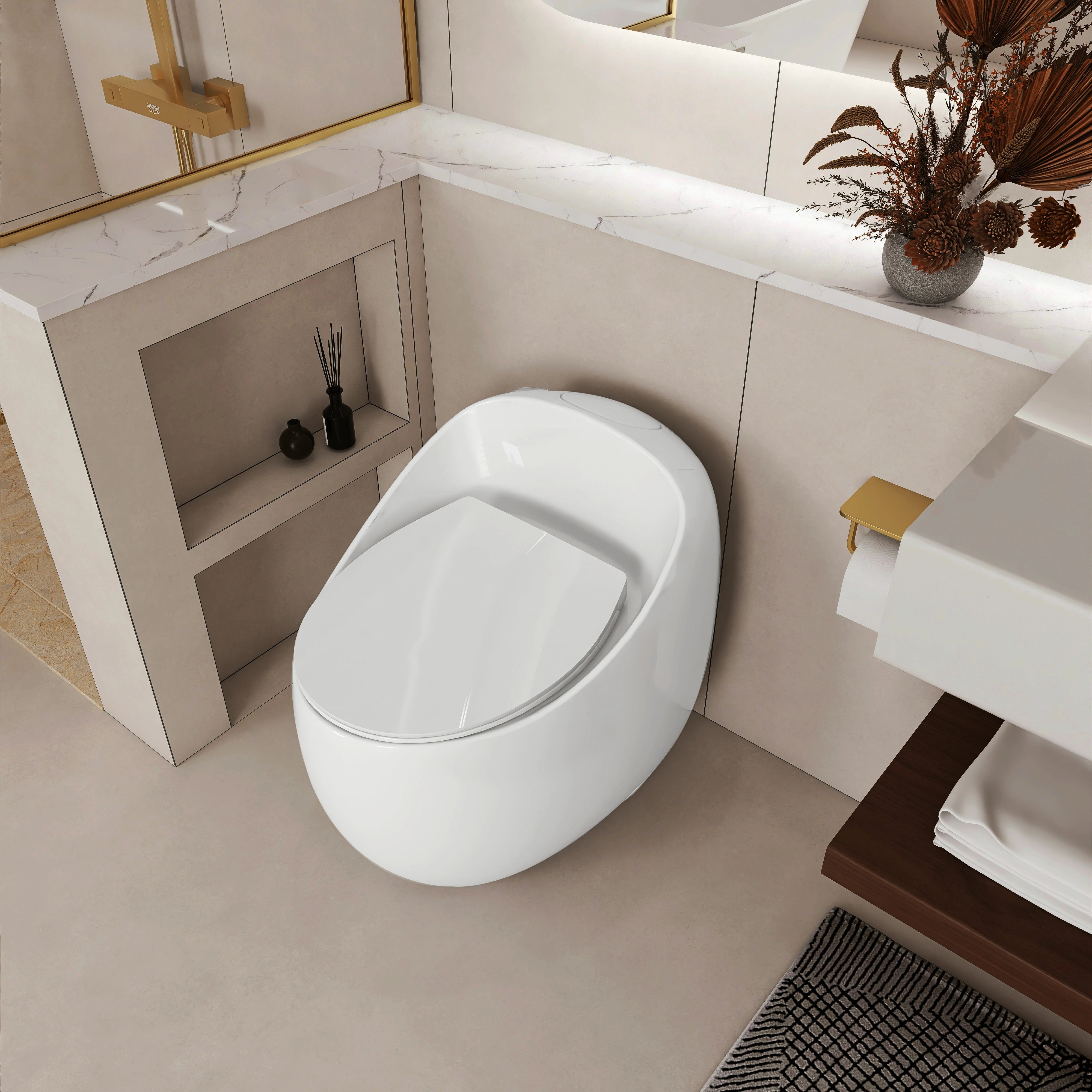 AISU Einteilige Toilette in Eierform mit Einzelspülung, 1,28 GPF