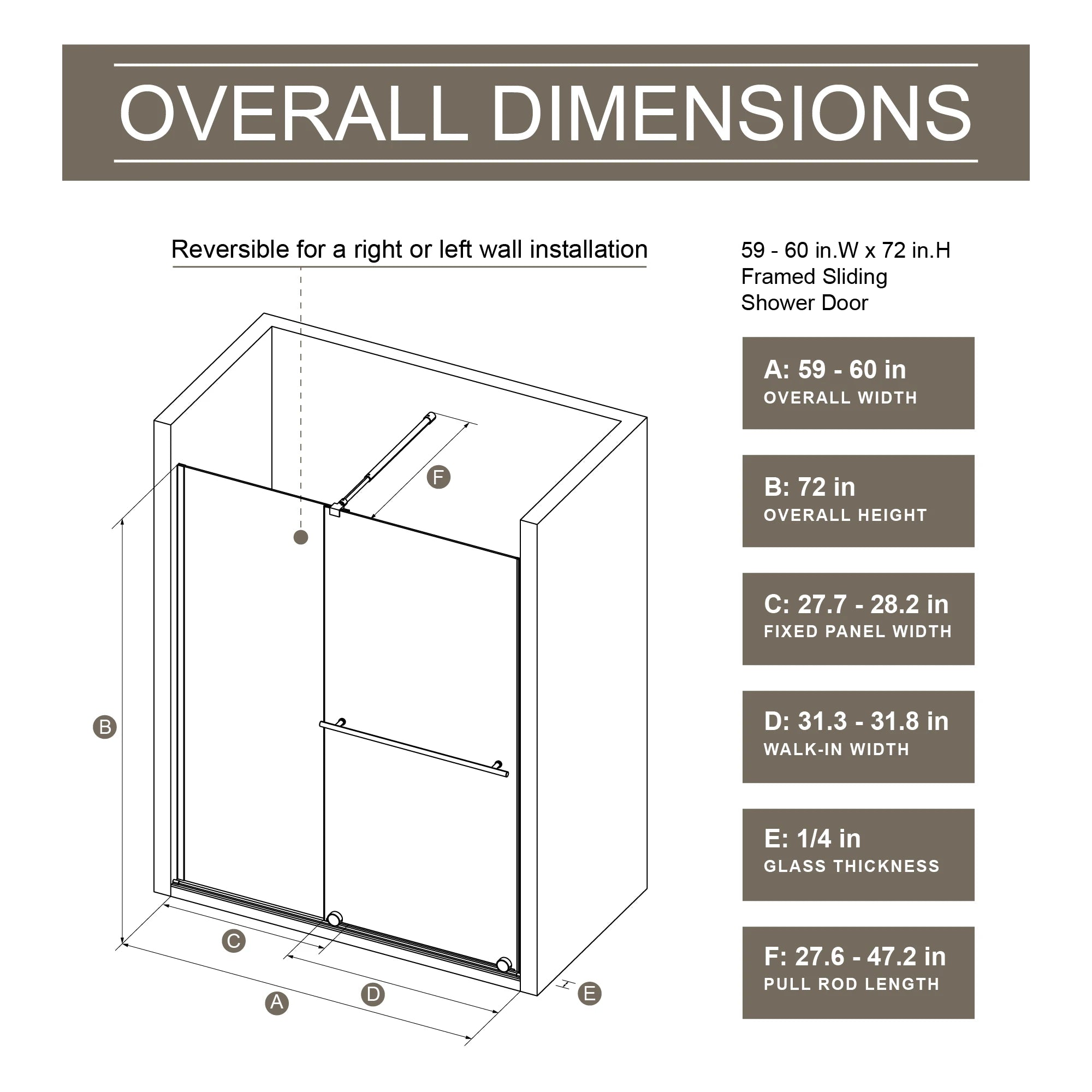 AISU Dusch-Schiebetür, 76,2–152,4 cm B x 182,9 cm H, begehbare Duschwand, doppelt verwendbar, 6,35 mm dicke Glasplatte mit Edelstahlgriff, Stützstange, schwarz 