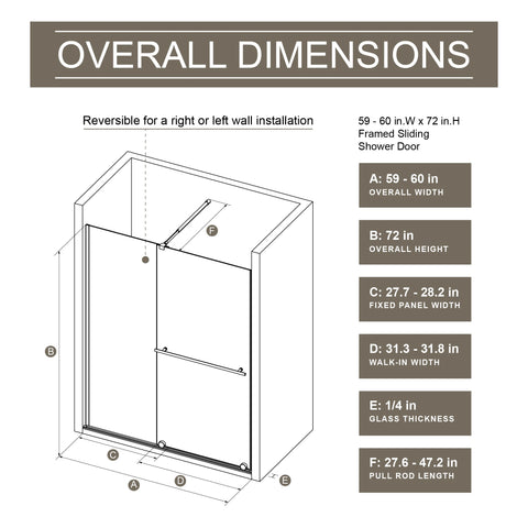 AISU Dusch-Schiebetür, 76,2–152,4 cm B x 182,9 cm H, begehbare Duschwand, doppelt verwendbar, 6,35 mm dicke Glasplatte mit Edelstahlgriff, Stützstange, schwarz 