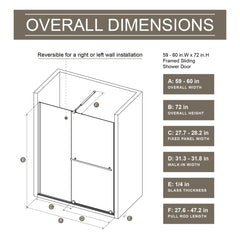 AISU 30 - 60 in.W x 72 in.H Shower Sliding Door Walk-in Shower Screen Dual Usage, 1/4 Inch Thick Glass Panel with Stainless Steel Handle, Supporting Bar, Black