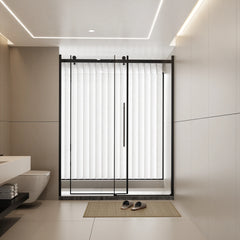 AISU 60.in W x 72.in H Frameless Shower Door Single Sliding, 1/4 inch Thick Clear Tempered Glass with Zinc Roller Rail System, Stainless Steel Handle, Black