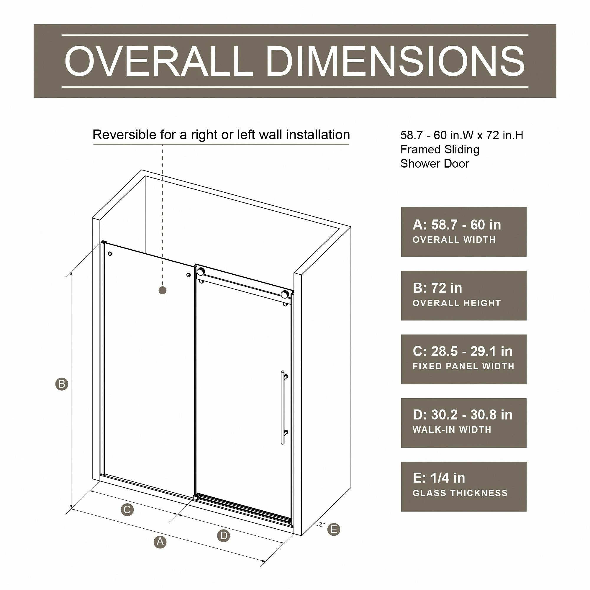 AISU 60 Zoll B x 72 Zoll H rahmenlose Duschtür, einzelne Schiebetür, 1/4 Zoll dickes, klares gehärtetes Glas mit Zink-Rollschienensystem, Edelstahlgriff, schwarz 