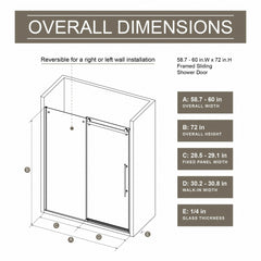 AISU 60.in W x 72.in H Frameless Shower Door Single Sliding, 1/4 inch Thick Clear Tempered Glass with Zinc Roller Rail System, Stainless Steel Handle, Black