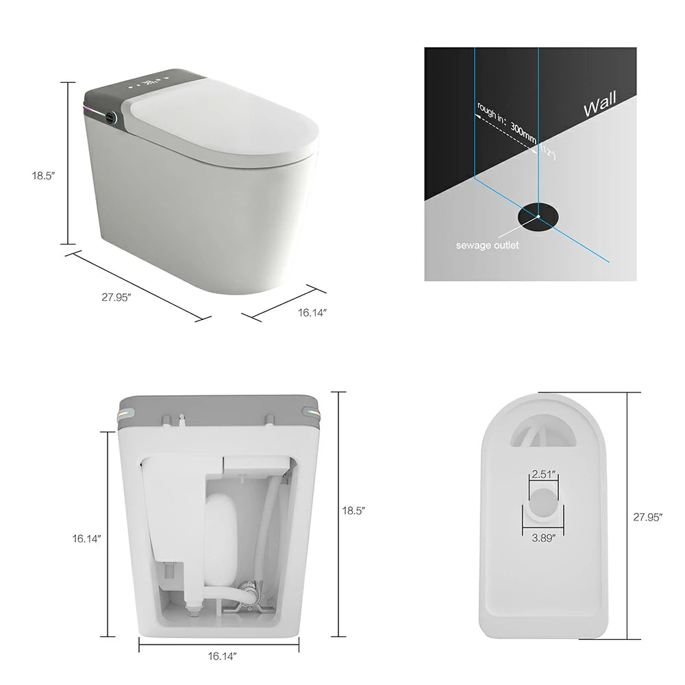 AISU Smart Bidet-Toilette mit Fernbedienung. Erhöhte Toilette ohne Spülkasten mit LED-Anzeige