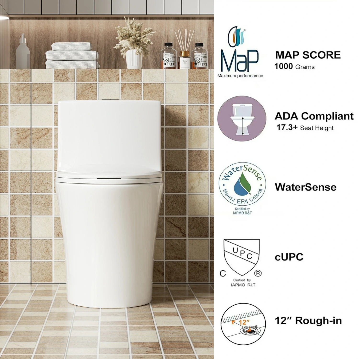 AISU 1.1/1.6 GPF Tornado Flush Einteilige Toilette, länglich, Siphon-S-Geruchsverschluss 12", sanft schließender Sitz, Knopf auf der Spülkastenoberseite, leistungsstarke Doppelspülung MAP 1000 g, bequemer Stuhlsitz ADA-Höhe 17", glänzendes Weiß