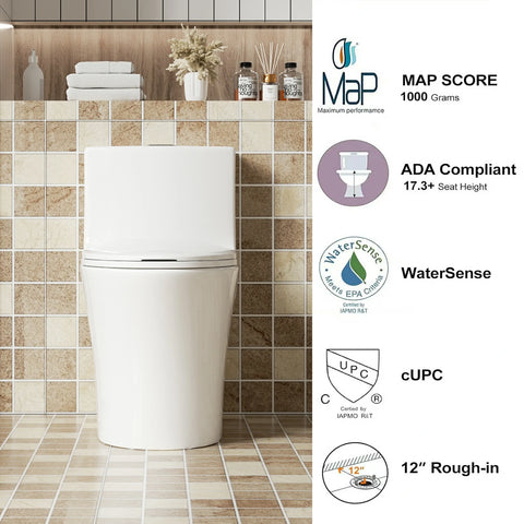 AISU 1.1/1.6 GPF Tornado Flush Einteilige Toilette, länglich, Siphon-S-Geruchsverschluss 12", sanft schließender Sitz, Knopf auf der Spülkastenoberseite, leistungsstarke Doppelspülung MAP 1000 g, bequemer Stuhlsitz ADA-Höhe 17", glänzendes Weiß
