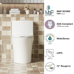 AISU 1.1/1.6 GPF Tornado Flush One-Piece Toilet Elongated, Siphonic S-trap 12", Soft Closing Seat, Button on Tank top, Powerful Dual Flush MAP 1000g, Comfort Chair Seat ADA Height 17", Glossy White