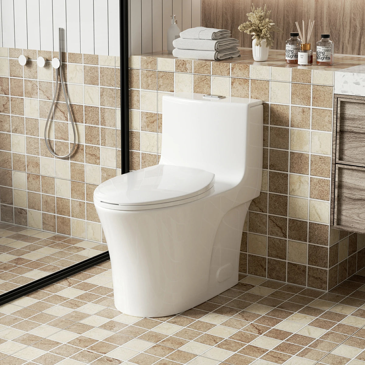 AISU 1.1/1.6 GPF Tornado Flush Einteilige Toilette, länglich, Siphon-S-Geruchsverschluss 12", sanft schließender Sitz, Knopf auf der Spülkastenoberseite, leistungsstarke Doppelspülung MAP 1000 g, bequemer Stuhlsitz ADA-Höhe 17", glänzendes Weiß