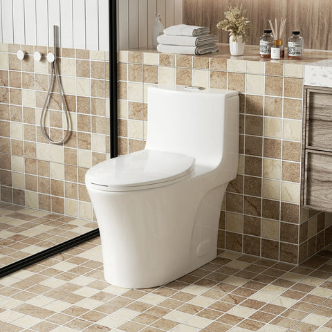 AISU 1.1/1.6 GPF Tornado Flush Einteilige Toilette, länglich, Siphon-S-Geruchsverschluss 12", sanft schließender Sitz, Knopf auf der Spülkastenoberseite, leistungsstarke Doppelspülung MAP 1000 g, bequemer Stuhlsitz ADA-Höhe 17", glänzendes Weiß