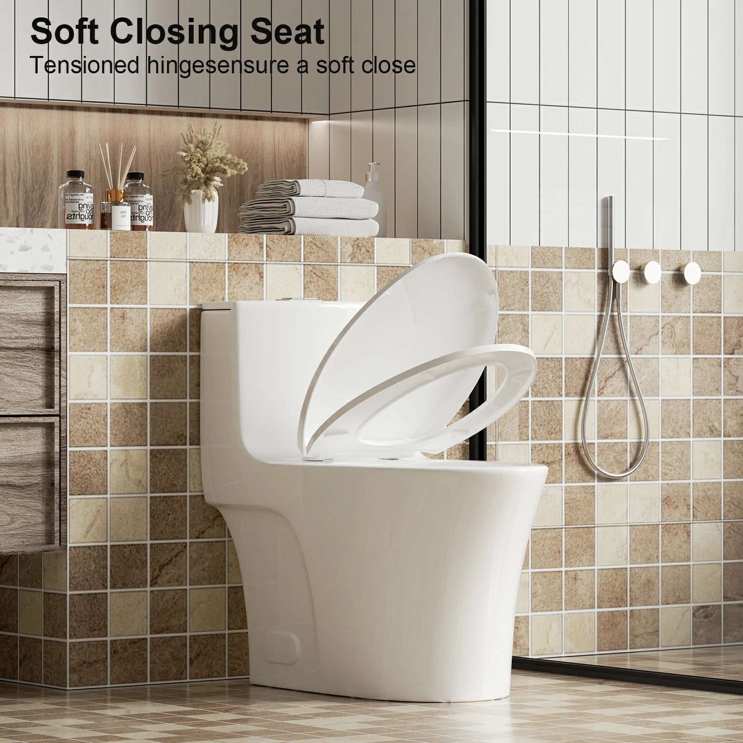 AISU 1.1/1.6 GPF Tornado Flush Einteilige Toilette, länglich, Siphon-S-Geruchsverschluss 12", sanft schließender Sitz, Knopf auf der Spülkastenoberseite, leistungsstarke Doppelspülung MAP 1000 g, bequemer Stuhlsitz ADA-Höhe 17", glänzendes Weiß