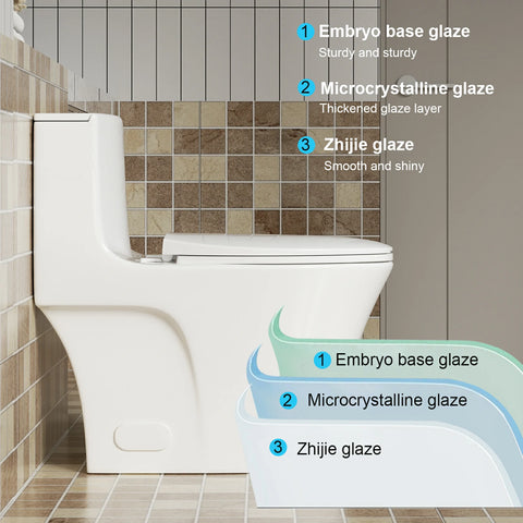 AISU 1.1/1.6 GPF Tornado Flush Einteilige Toilette, länglich, Siphon-S-Geruchsverschluss 12", sanft schließender Sitz, Knopf auf der Spülkastenoberseite, leistungsstarke Doppelspülung MAP 1000 g, bequemer Stuhlsitz ADA-Höhe 17", glänzendes Weiß