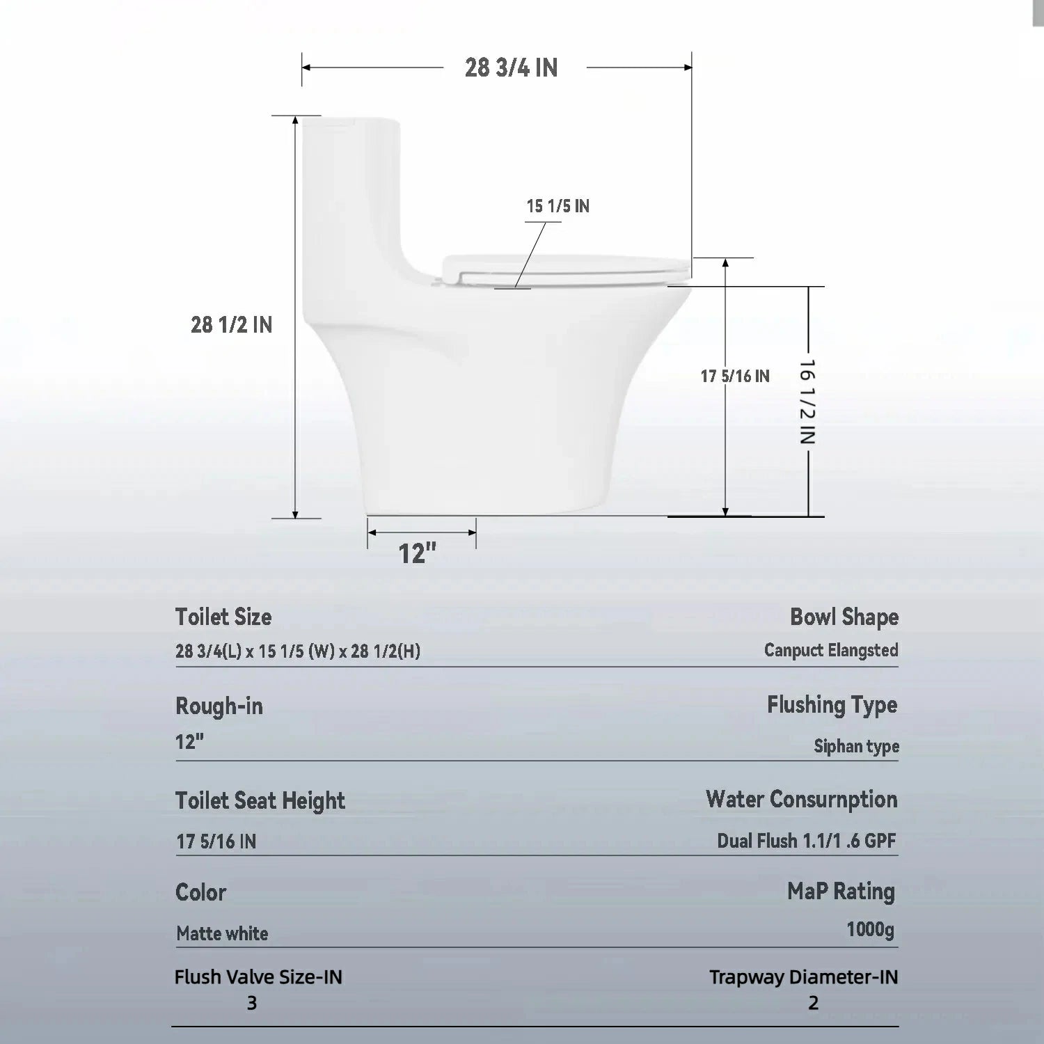 AISU 1.1/1.6 GPF Tornado Flush Einteilige Toilette, länglich, Siphon-S-Geruchsverschluss 12", sanft schließender Sitz, Knopf auf der Spülkastenoberseite, leistungsstarke Doppelspülung MAP 1000 g, bequemer Stuhlsitz ADA-Höhe 17", glänzendes Weiß