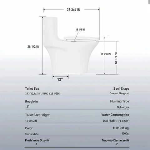 AISU 1.1/1.6 GPF Tornado Flush Einteilige Toilette, länglich, Siphon-S-Geruchsverschluss 12", sanft schließender Sitz, Knopf auf der Spülkastenoberseite, leistungsstarke Doppelspülung MAP 1000 g, bequemer Stuhlsitz ADA-Höhe 17", glänzendes Weiß