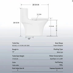 AISU 1.1/1.6 GPF Tornado Flush One-Piece Toilet Elongated, Siphonic S-trap 12", Soft Closing Seat, Button on Tank top, Powerful Dual Flush MAP 1000g, Comfort Chair Seat ADA Height 17", Glossy White