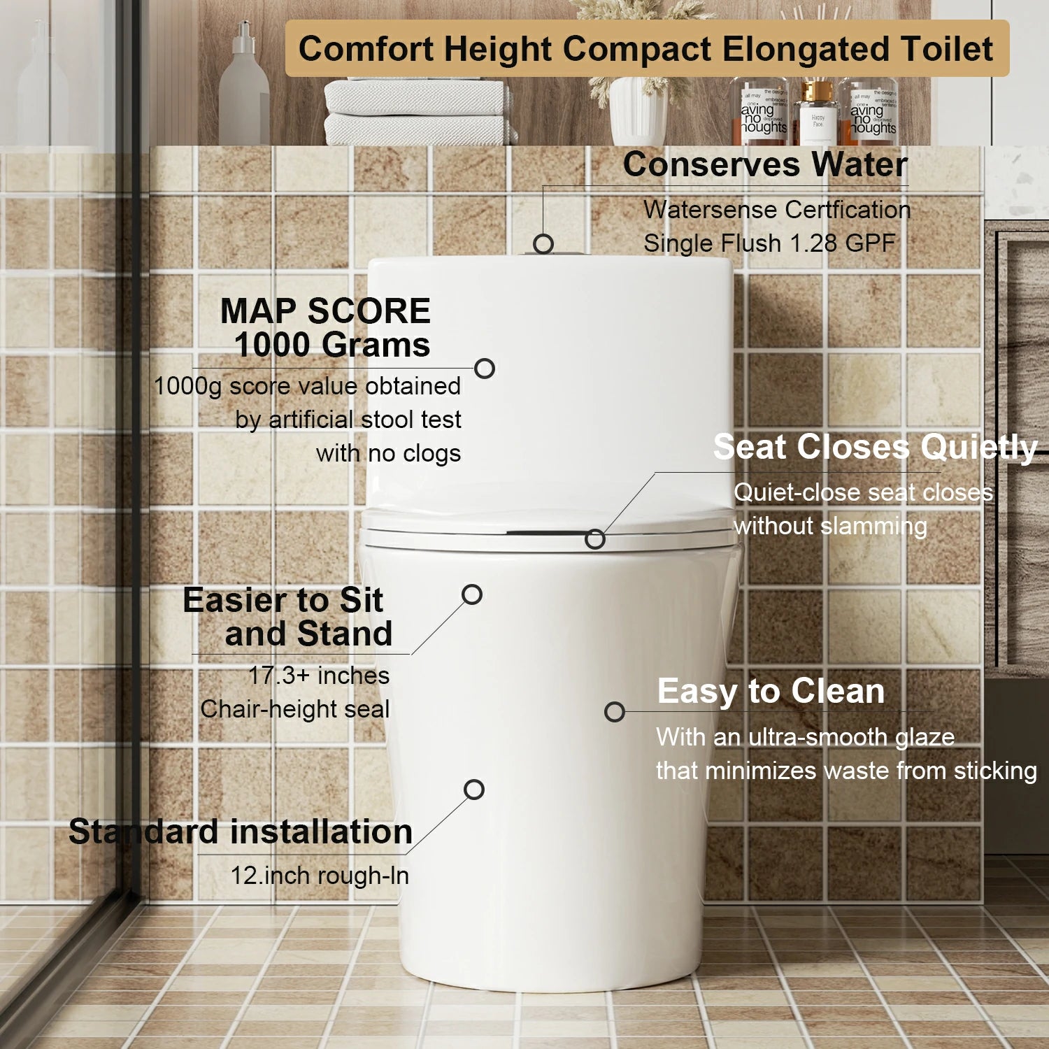 AISU 1.1/1.6 GPF Tornado Flush Einteilige Toilette, länglich, Siphon-S-Geruchsverschluss 12", sanft schließender Sitz, Knopf auf der Spülkastenoberseite, leistungsstarke Doppelspülung MAP 1000 g, bequemer Stuhlsitz ADA-Höhe 17", glänzendes Weiß