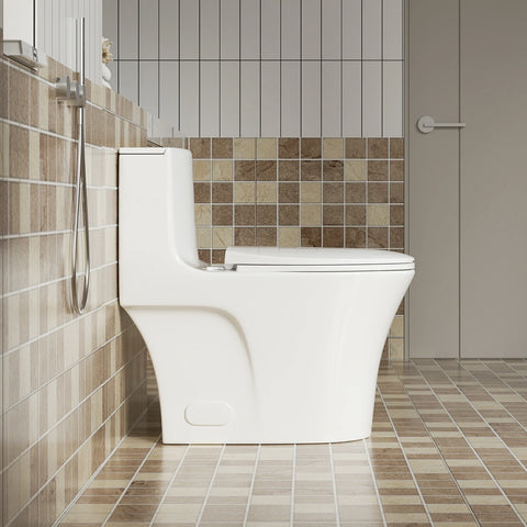 AISU 1.1/1.6 GPF Tornado Flush Einteilige Toilette, länglich, Siphon-S-Geruchsverschluss 12", sanft schließender Sitz, Knopf auf der Spülkastenoberseite, leistungsstarke Doppelspülung MAP 1000 g, bequemer Stuhlsitz ADA-Höhe 17", glänzendes Weiß