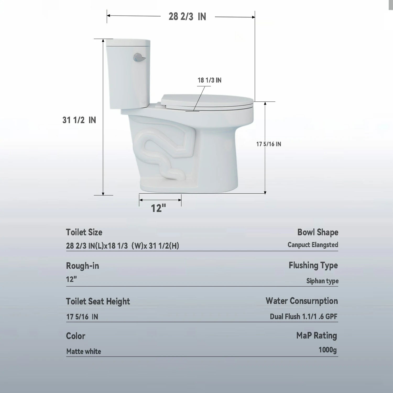 AISU 1,28 GPF Tornado Flush Zweiteilige Toilette für Badezimmer, Siphonic Side Press Single Flush, 17" ADA Comfort Chair Height Seat, S-Trap 12", randlose Schüssel mit sanft schließendem Sitz, benutzerfreundlich, glänzend weiß