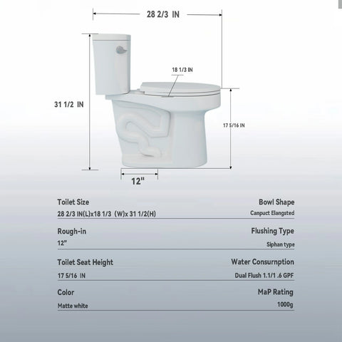 AISU 1,28 GPF Tornado Flush Zweiteilige Toilette für Badezimmer, Siphonic Side Press Single Flush, 17" ADA Comfort Chair Height Seat, S-Trap 12", randlose Schüssel mit sanft schließendem Sitz, benutzerfreundlich, glänzend weiß