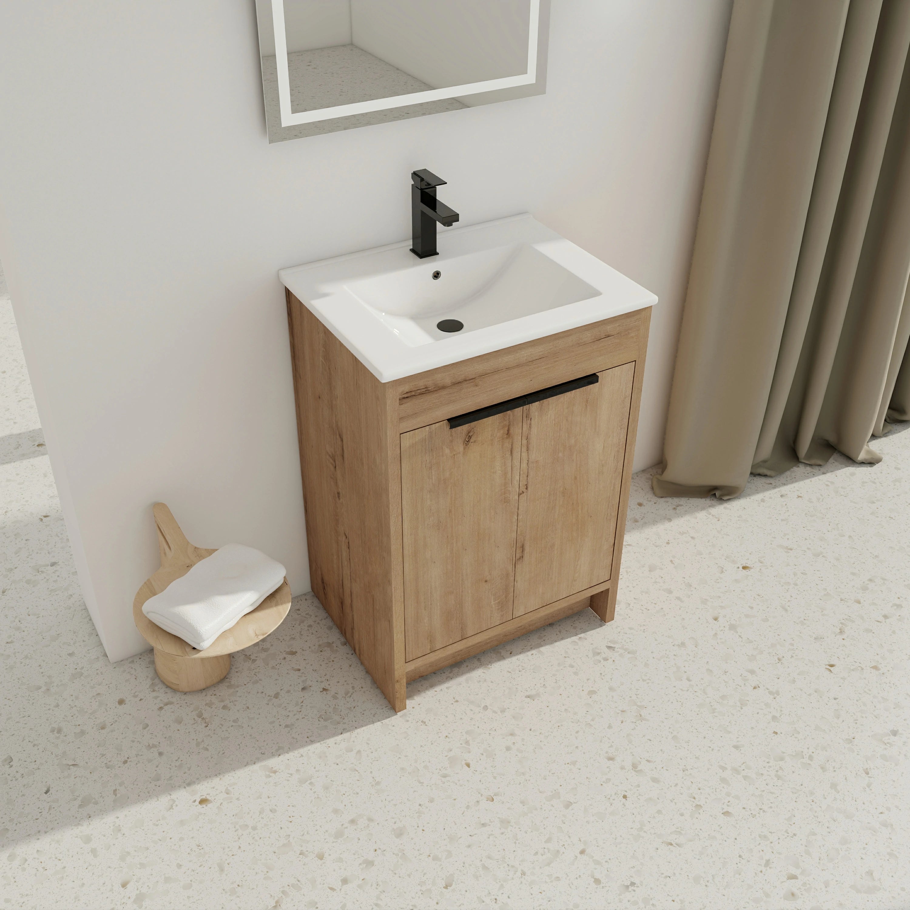 Meuble-lavabo autoportant AISU avec lavabo en céramique et 2 portes d'armoire à fermeture douce