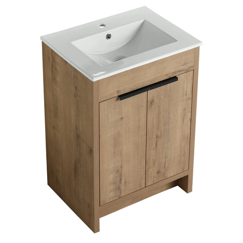 Meuble-lavabo autoportant AISU avec lavabo en céramique et 2 portes d'armoire à fermeture douce