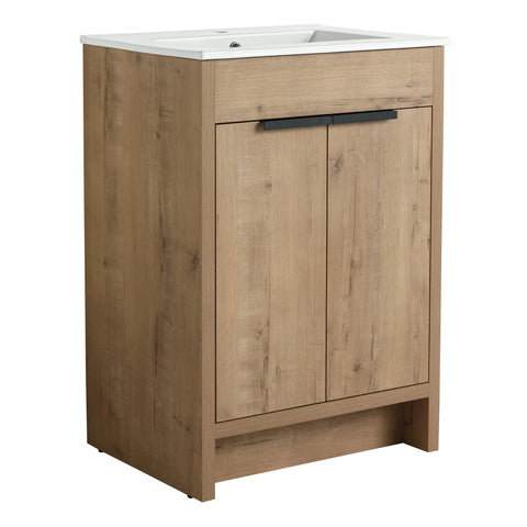 Meuble-lavabo autoportant AISU avec lavabo en céramique et 2 portes d'armoire à fermeture douce