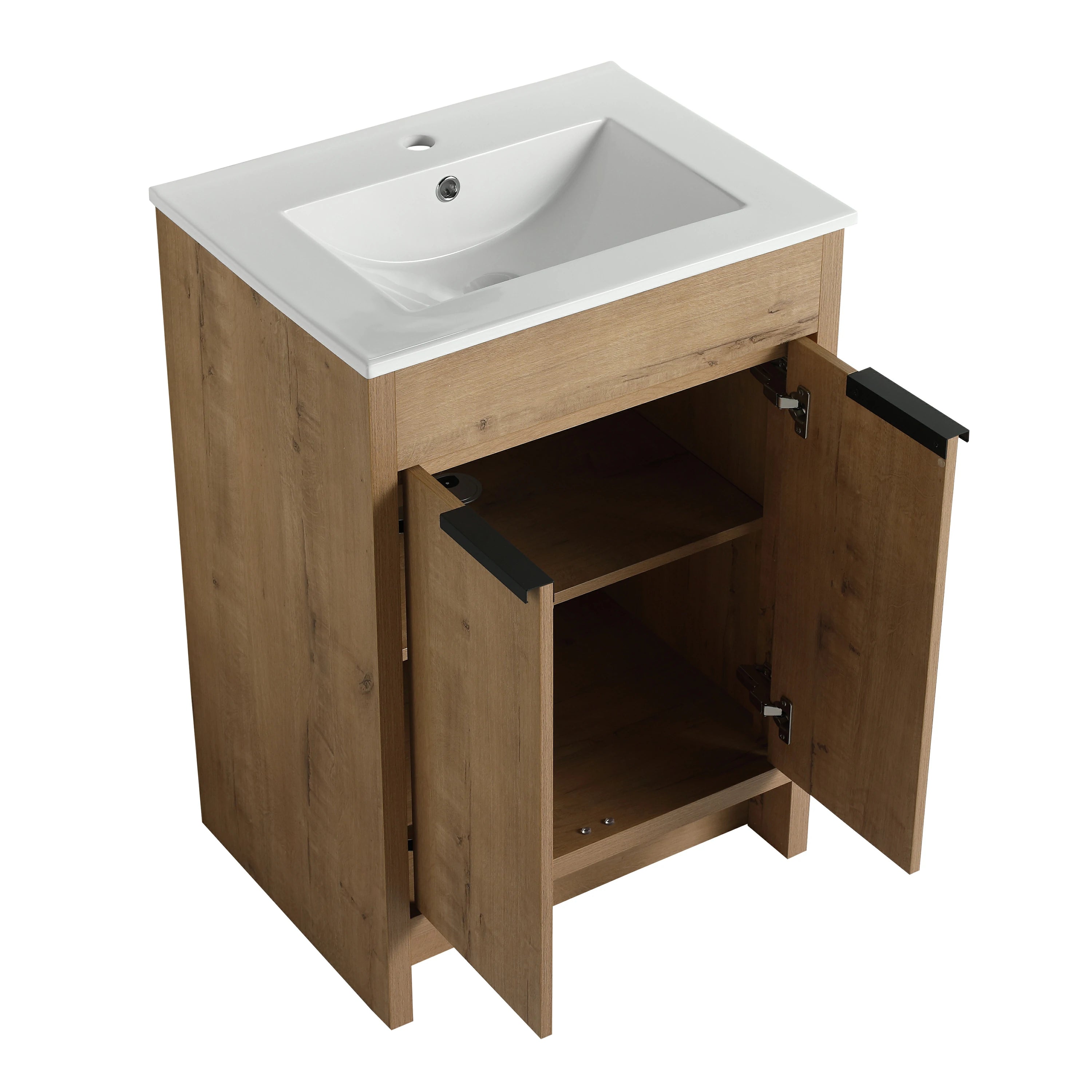 Meuble-lavabo autoportant AISU avec lavabo en céramique et 2 portes d'armoire à fermeture douce