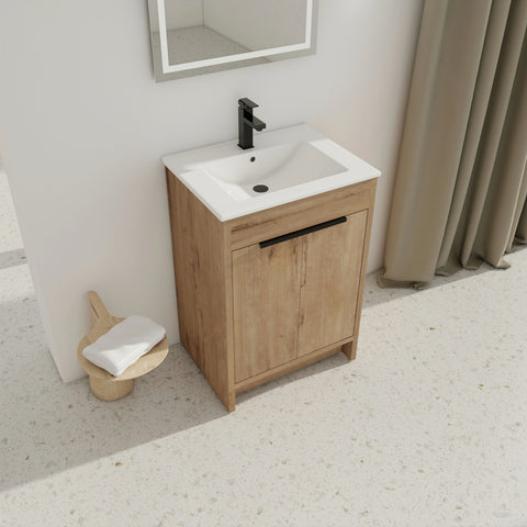 Meuble-lavabo autoportant AISU avec lavabo en céramique et 2 portes d'armoire à fermeture douce