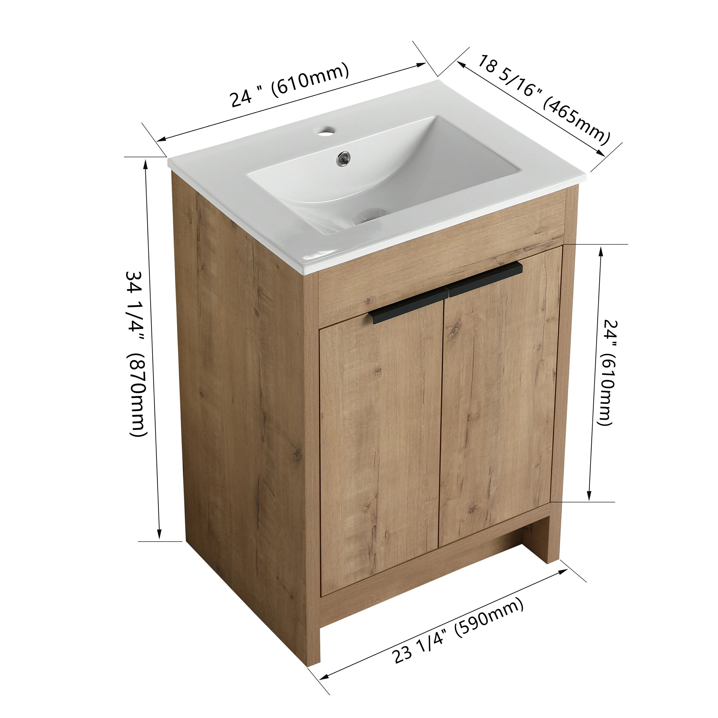 Meuble-lavabo autoportant AISU avec lavabo en céramique et 2 portes d'armoire à fermeture douce