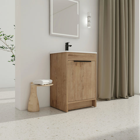 Meuble-lavabo autoportant AISU avec lavabo en céramique et 2 portes d'armoire à fermeture douce