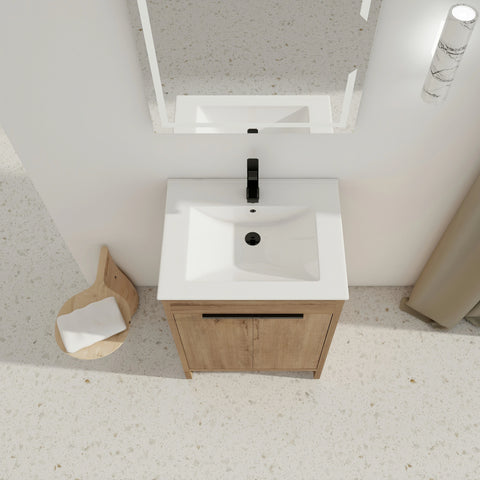 Meuble-lavabo autoportant AISU avec lavabo en céramique et 2 portes d'armoire à fermeture douce