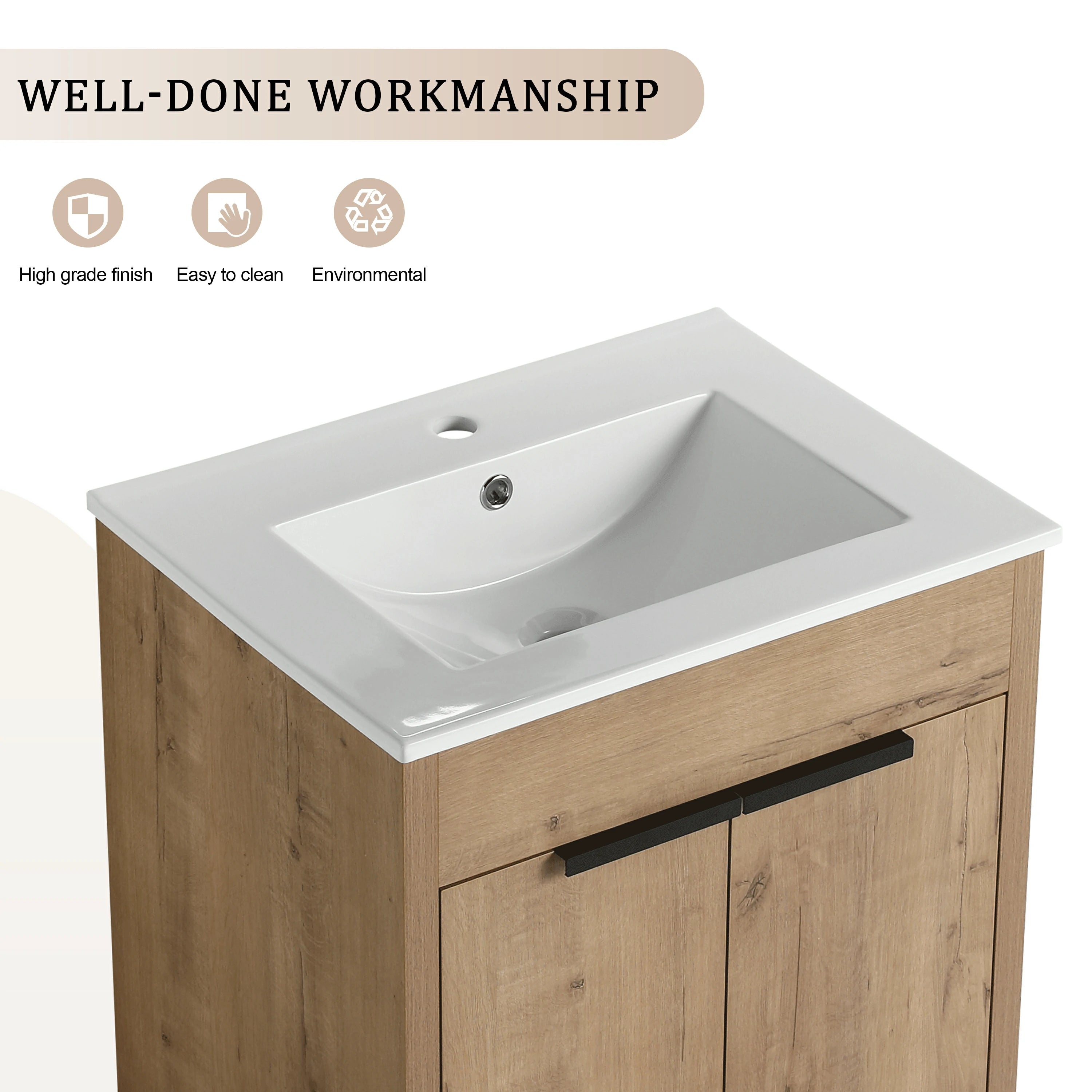 Meuble-lavabo autoportant AISU avec lavabo en céramique et 2 portes d'armoire à fermeture douce
