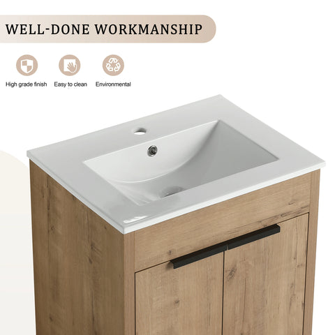 Meuble-lavabo autoportant AISU avec lavabo en céramique et 2 portes d'armoire à fermeture douce