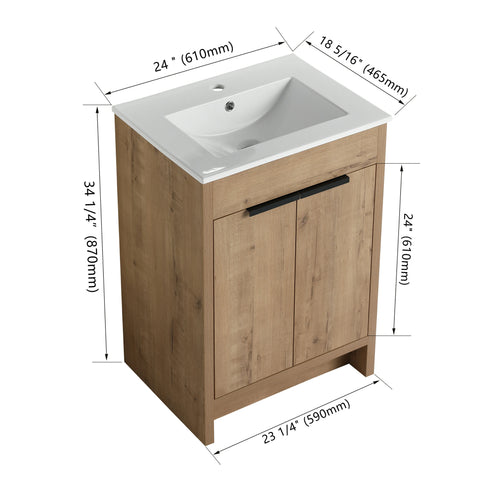 Meuble-lavabo autoportant AISU avec lavabo en céramique et 2 portes d'armoire à fermeture douce