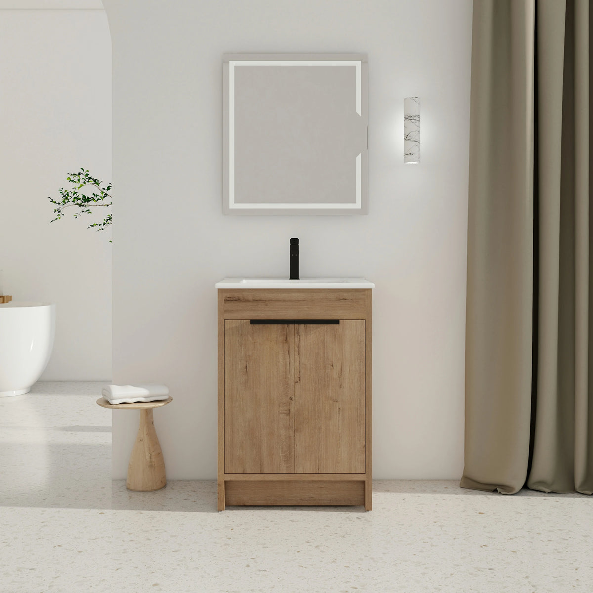 Meuble-lavabo autoportant AISU avec lavabo en céramique et 2 portes d'armoire à fermeture douce