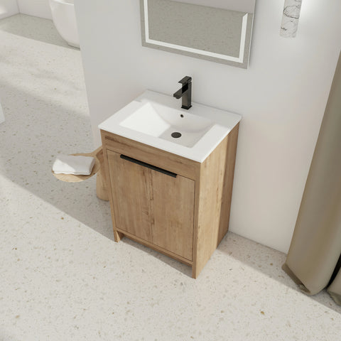 Meuble-lavabo autoportant AISU avec lavabo en céramique et 2 portes d'armoire à fermeture douce