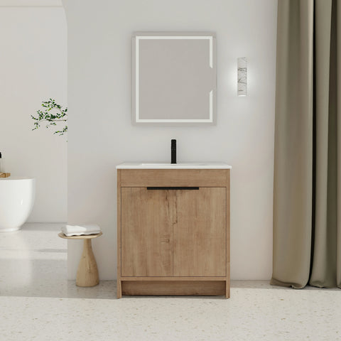 Meuble-lavabo autoportant AISU avec lavabo en céramique et 2 portes d'armoire à fermeture douce