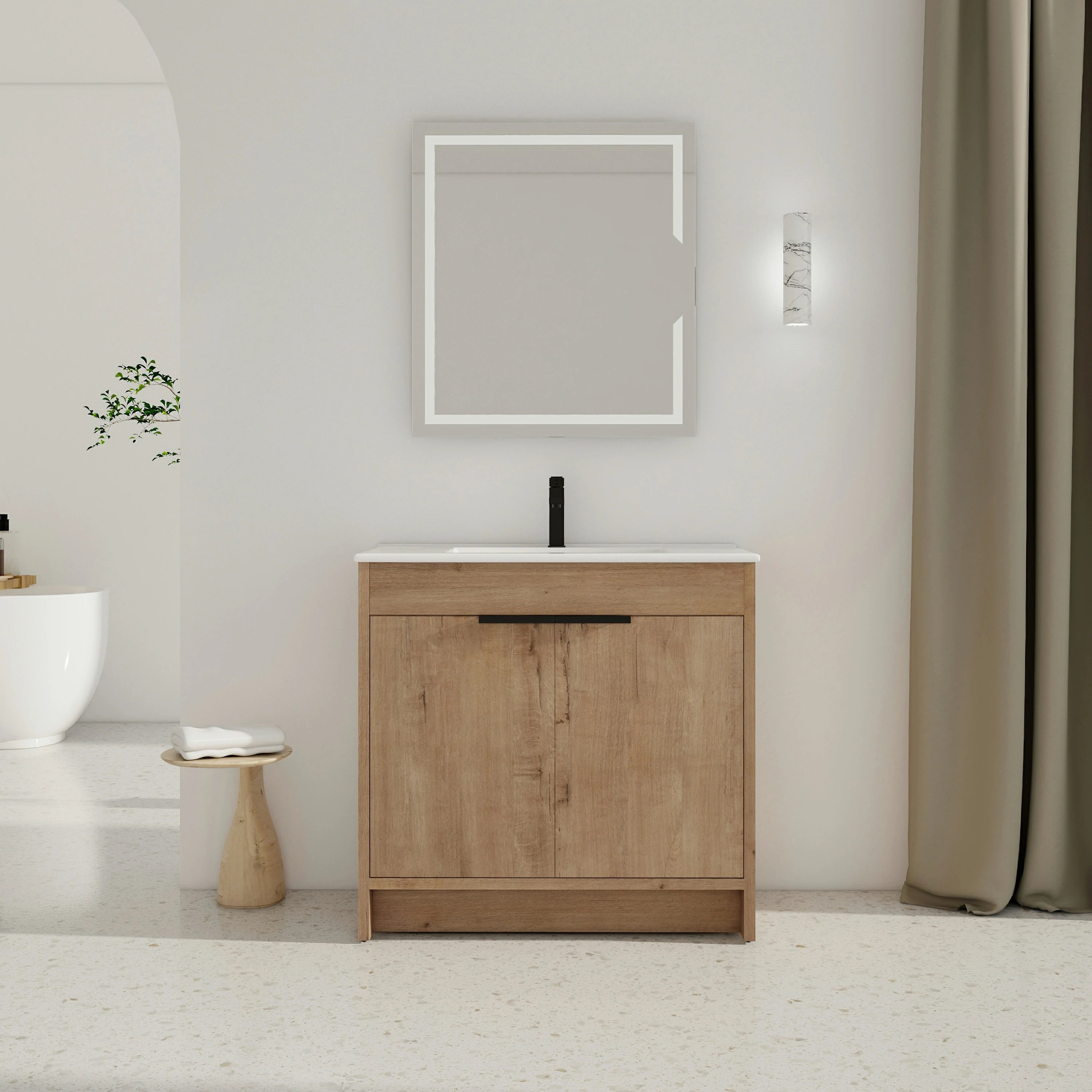 Meuble-lavabo autoportant AISU avec lavabo en céramique et 2 portes d'armoire à fermeture douce