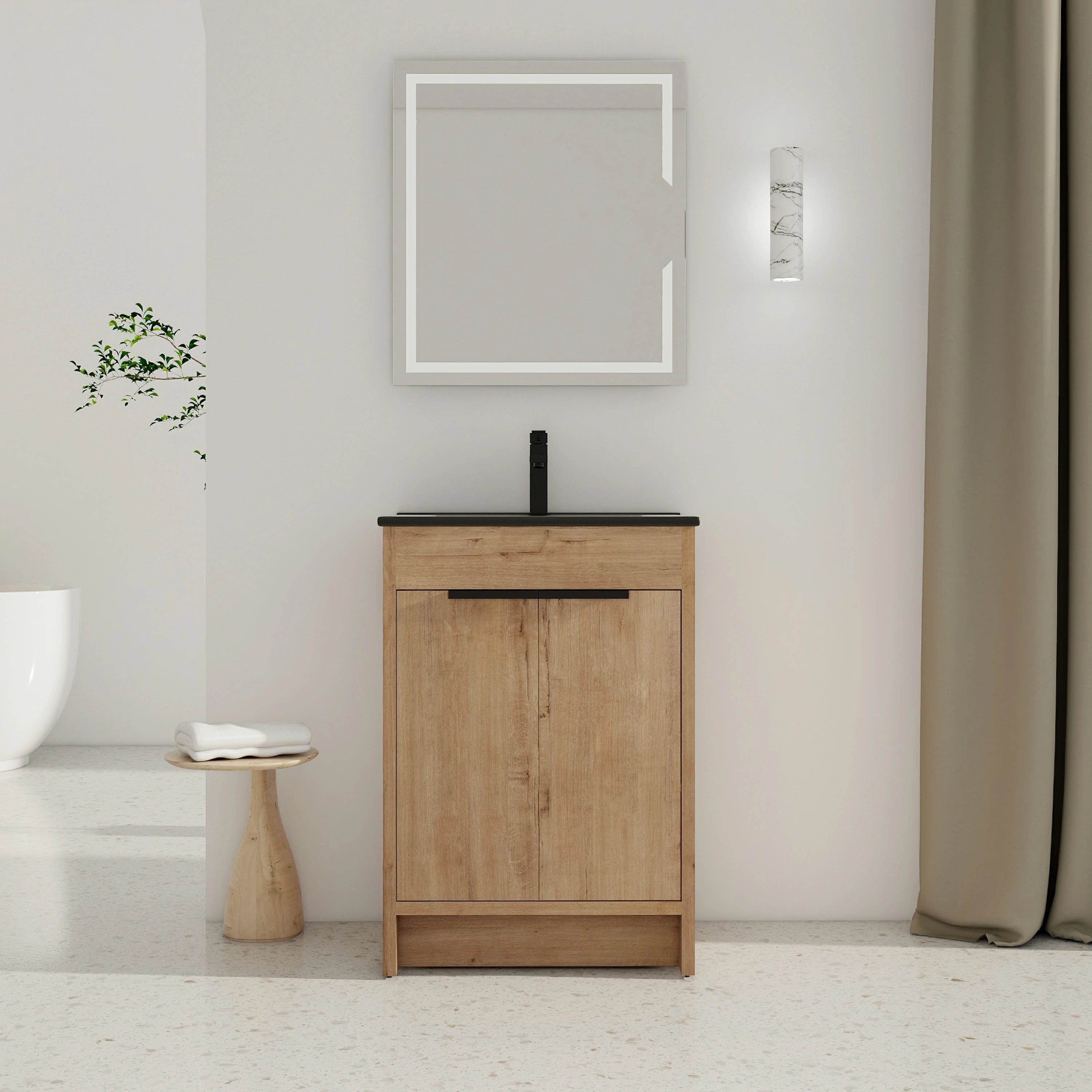 Meuble-lavabo autoportant AISU avec lavabo en céramique et 2 portes d'armoire à fermeture douce