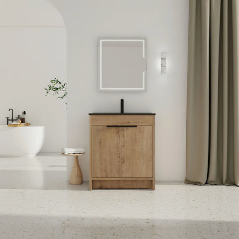 Meuble-lavabo autoportant AISU avec lavabo en céramique et 2 portes d'armoire à fermeture douce