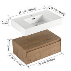 AISU 30" Modern Wall-Mounted Bathroom Vanity with Resin Sink and Soft Close Drawer, Imitative Oak Finish
