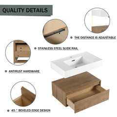 AISU 30" Modern Wall-Mounted Bathroom Vanity with Resin Sink and Soft Close Drawer, Imitative Oak Finish