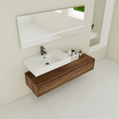 AISU Modern Brown Ebony 60 Inch Wall-Mounted Bathroom Vanity with Resin Sink and Soft Close Drawer