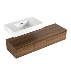 AISU Modern Brown Ebony 60 Inch Wall-Mounted Bathroom Vanity with Resin Sink and Soft Close Drawer