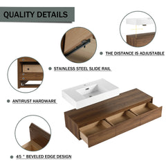 AISU Modern Brown Ebony 60 Inch Wall-Mounted Bathroom Vanity with Resin Sink and Soft Close Drawer