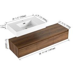 AISU Modern Brown Ebony 60 Inch Wall-Mounted Bathroom Vanity with Resin Sink and Soft Close Drawer